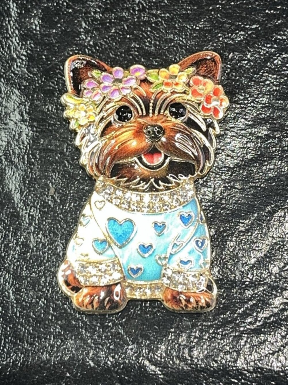 Yorkshire Terrier Dog Brooch Pin Enamel Crystal Floral Hearts Puppy Gift